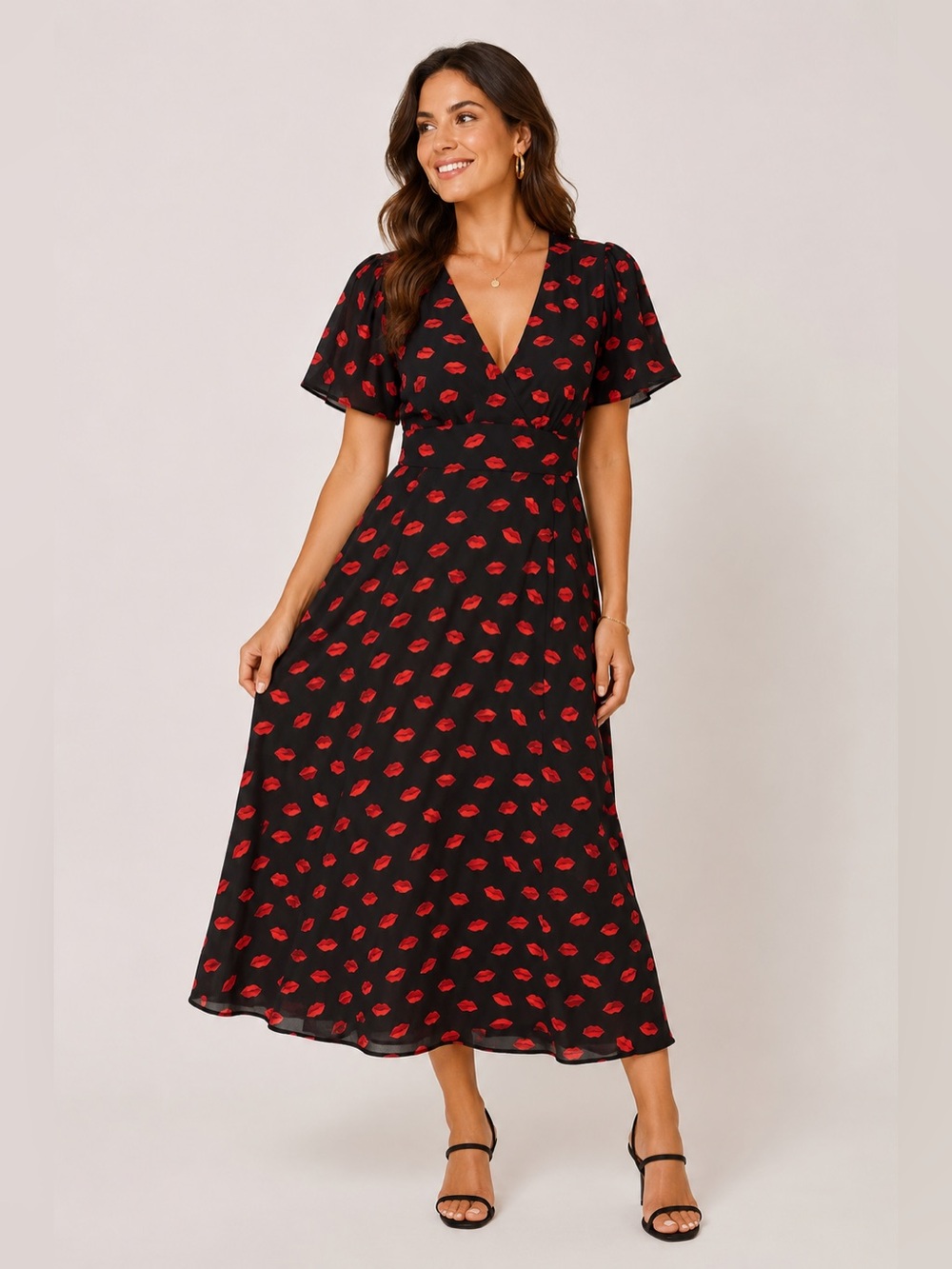 💋 Black Lip Print Midi Dress – Size 6/8 – Like New